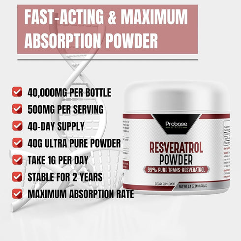 Pure Pharmaceutical Grade Trans-Resveratrol Powder, 1000mg Micronized Vegan Supplement for Healthy Aging