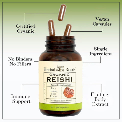 Immune 60 Herbal Roots Organic Reishi Mushroom Capsules - Made with Fruiting Bodies - Support Energy, Vitality, & Heart