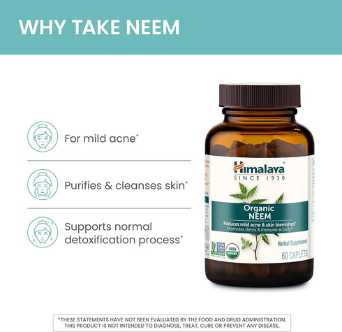 Himalaya Organic Neem Herbal Skin Supplement, 600 mg, 60 Plant-Based Caplets, Mild Acne Support