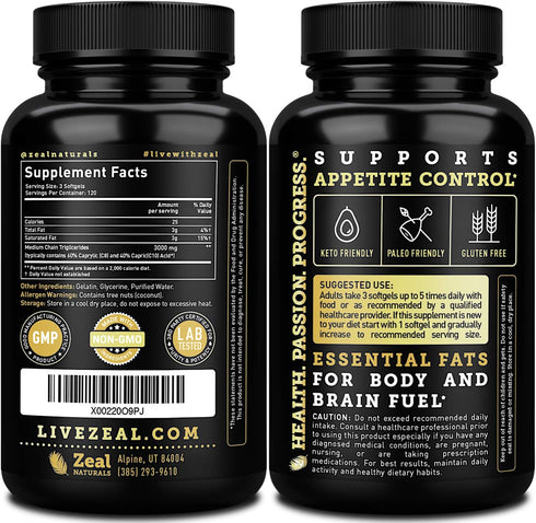 Pure MCT Oil Capsules - 360 Softgels | 3000mg, 4 Month Supply Keto Pills w Unrefined Coconut