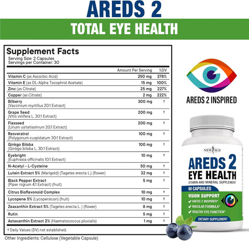 NEW AGE AREDS 2 Eye Vitamin with Bilberry 6000mg, Lutein & Zeaxanthin, 60 Count