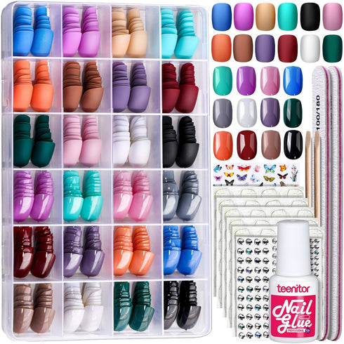 Teenitor 24 Pack Short Press On Nails – 576 Pcs Round, Matte, Glossy Fake Nails with Nail Glue