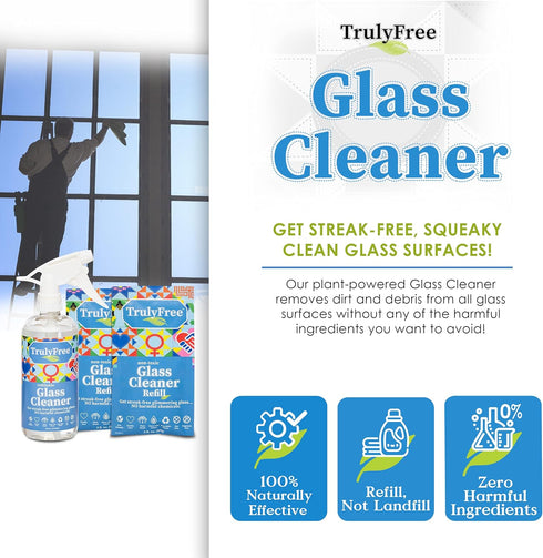 Natural Glass Cleaner Spray for Home, Office & Garage, Removes Dirt & Debris, Includes 1 Refillable Bottle & 2 Refills