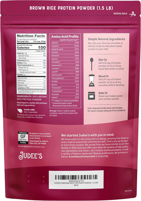 Judee’s Brown Rice Protein Powder (80% Protein) 1.5 lb - 100% Non-GMO and Sprouted - Dairy-Free and Keto-Friendly - Gluten-Free and Soy-Free - Plant-Based Protein
