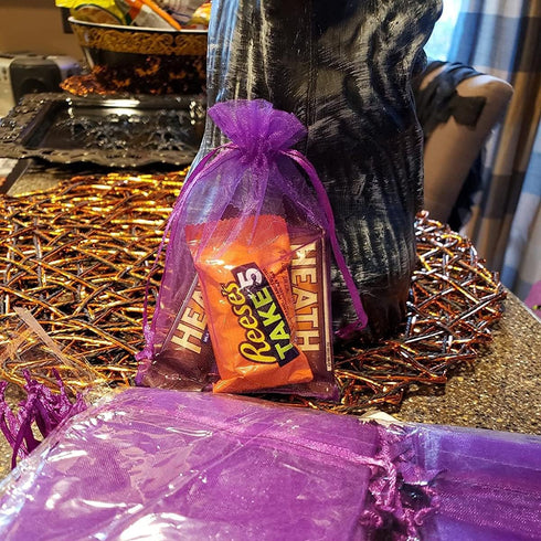 100pcs Organza Drawstring Gift Bags - 5x7 Inches Sheer Fabric Mesh Purple Pull String Sack for Jewelry, Party Favors