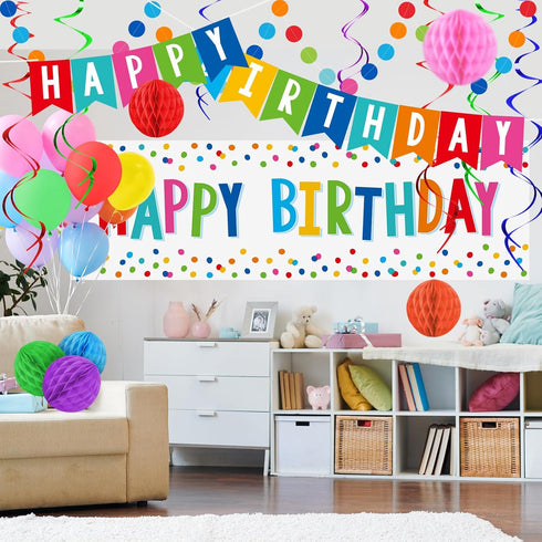 Happy Birthday Decorations Kit - Banner, Plastic Backdrop, Circle Confetti Garland, Streamers & Balloons