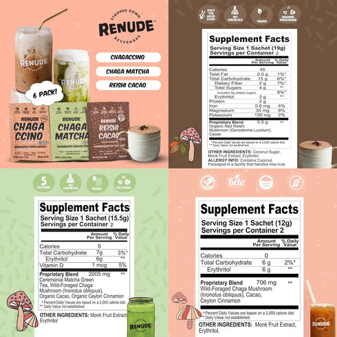 Pack 2 2 2 (6 Count) Renude Variety - Mushroom Matcha, Coffee & Hot Chocolate, Cacao Powder, Natural Vegan Superfoods