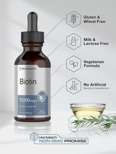 Horbaach Biotin Liquid Drops 10000mcg | 4 fl oz | Vegetarian, Non-GMO & Gluten Free Supplement