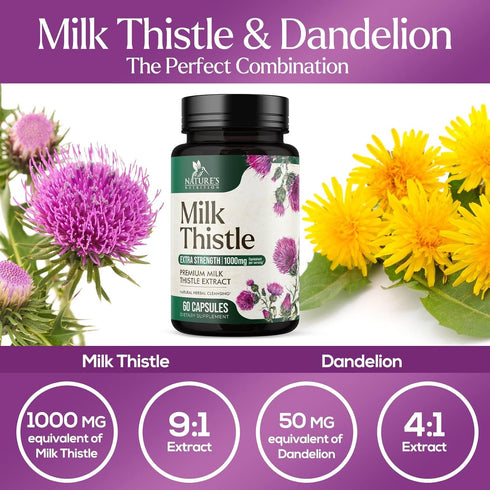 Nature's Milk Thistle 1000mg - 60 Capsules Herbal Liver Supplement with Dandelion Root & Silymarin