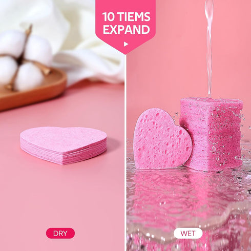 50-Count Heart Shape Compressed Facial Sponges for Daily Cleansing & Exfoliating, Natural Cosmetic Sponges