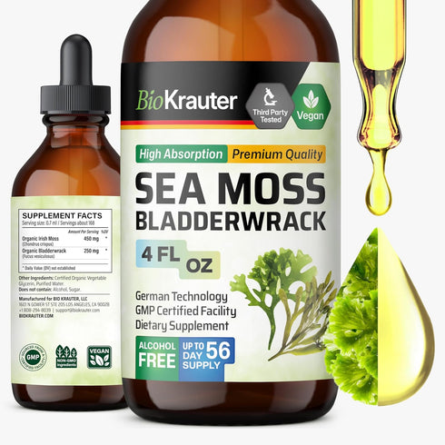 BIO KRAUTER Irish Sea Moss Drops - Vegan Immune Support Supplement with Bladderwrack, Alcohol & Sugar Free, 4 Fl.Oz.
