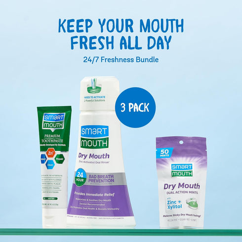 SmartMouth Package with Dry Mouth Activated Mouthwash - 16 Fl Oz, Soothing Mint & Dual-Action Mints, 50 Count