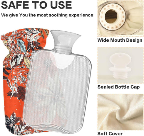 SyXIOP 2L Red Christmas Flowers Water Bottle for hot Water with Soft Cover, Warm Compress for Menstrual Cramps