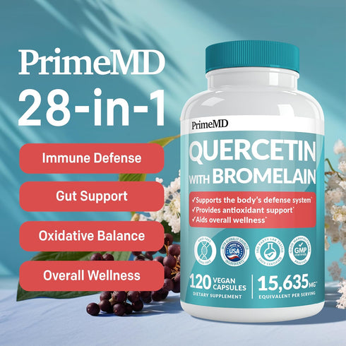 28-in-1 Quercetin with Bromelain Supplement - Quercetin 500mg Capsules for Daily Immune Defense Support - Quercetin with Vitamin C and Zinc for Adults Enriched with Vitamin D and Elderberry (120 ct)