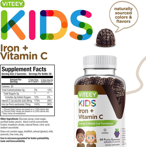 Iron Gummies for Kids with Vitamin C - Vegan, Gluten Free, Tasty Chewable Grape Flavored, Blood Builder