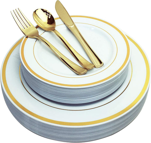 125 Piece Gold Plastic Plates & Cutlery Set - Reusable & Recyclable - 25 Each Gold Rim Plates & Silverware for Parties,