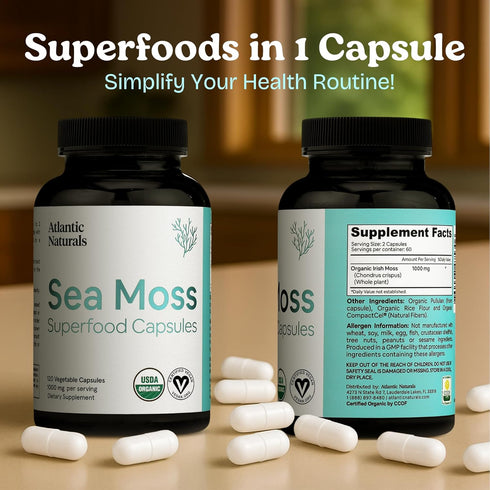 Atlantic Naturals Sea Moss Capsules with Moringa, Ashwagandha, Black Seed Oil, Ginger & Ginseng, 120 Count