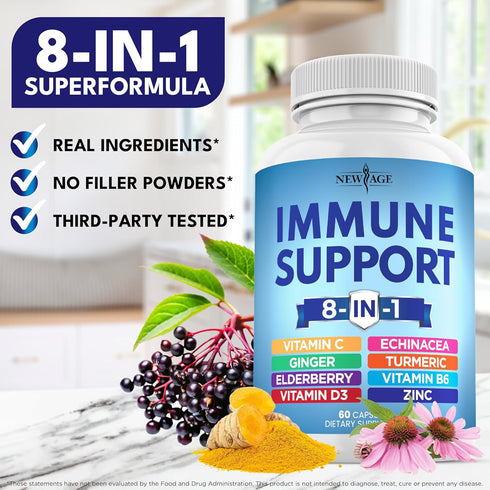 NEW AGE 8 in 1 Immune Support Booster Supplement, Echinacea, Vitamin C, Zinc, Vitamin D, Turmeric, Elderberry, 120 Count