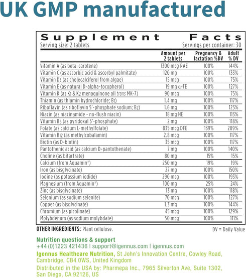High Absorption Methylated Prenatal Multivitamin - 60 Tablets, Folate for MTHFR, Clean Label, Gentle Iron, Vegan