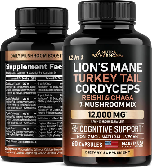 Mushroom Supplement - Organic Lion's Mane, Turkey Tail, Chaga, and More - 60 Capsules, 12-in-1 Complex
