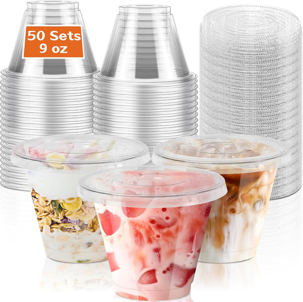PUREZON 50 Pack 9 oz Clear Plastic Cups with Flat Lids, Disposable Plastic
