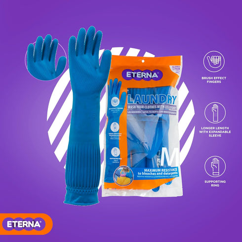 ETERNA Extra Long Gloves for Laundry, Kitchen, Household Cleaning, Size M, Brush Effect on Fingers, 3.63 Oz