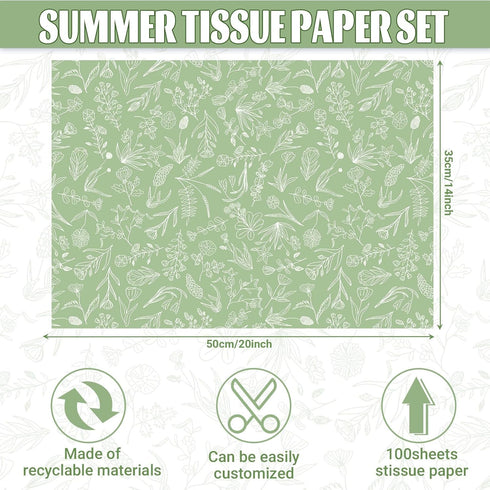 100 Sheets Sage Green Wildflowers Tissue Paper Green White Floral Printed Tissue Paper Botanical Decorative Tissue Paper for Green Boho Themed Baby Shower Wedding Birthday DIY Craft by Bolsome