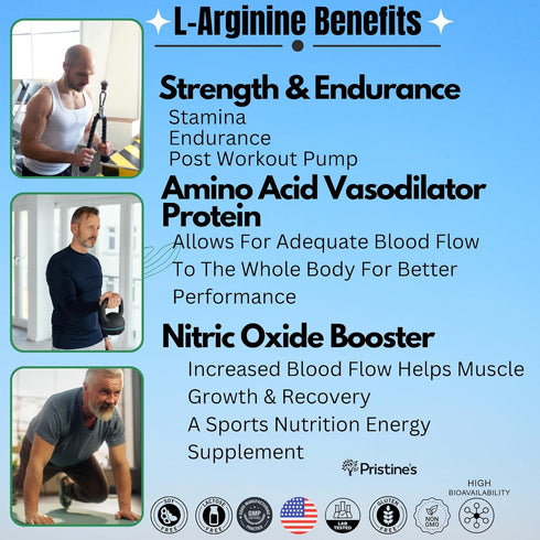 PRISTINE'S L Arginine 1000mg Nitric Oxide Blood Flow Supplement Capsules - 90 Day Supply for Energy & Endurance