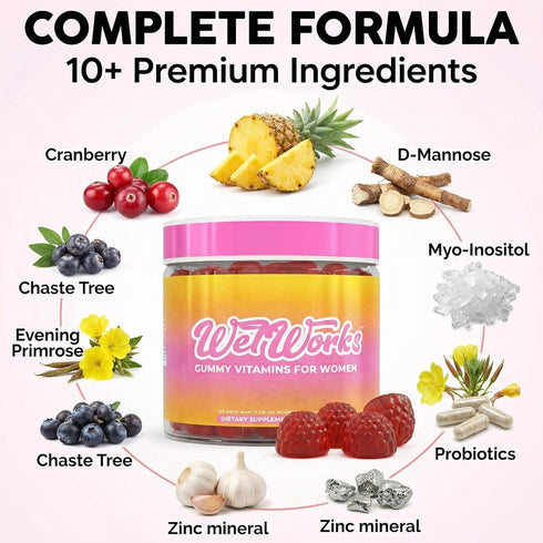 Gummies 60 Count Wet Works Women's Vaginal Probiotic Pineapple Cranberry Folic Acid D-Mannose Vitamin C Chicory Myo
