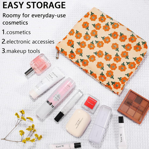 2Pcs Daisy Flower Makeup Bag, Large Floral Cosmetic Pouch Set for Women, Portable Toiletry Bag