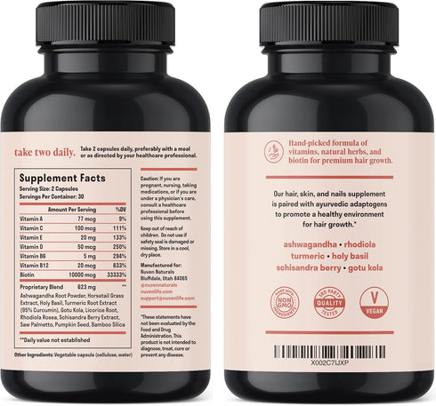 Hair Vitamins - Biotin 10000 mcg with Vitamin A, E, C, D & Adaptogens for Hair, Skin & Nails, 60 Capsules