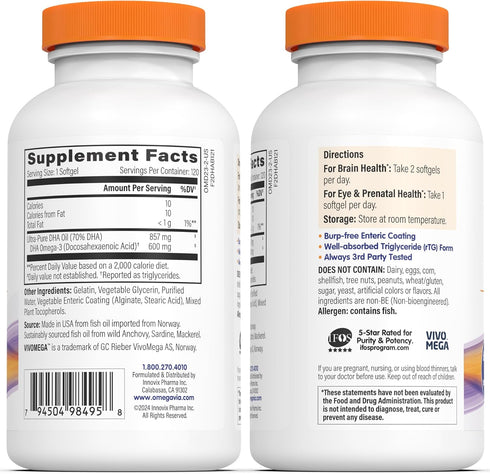OmegaVia DHA 600 mg - Ultra Pure Omega-3 DHA Supplements for Brain & Eyes, 120 Softgels