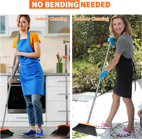 Set, 52" Upgraded Broom and Dustpan Long Handle Standing Combo with Self-Cleaning Teeth Perfect for Pet Hair, Kitchen
