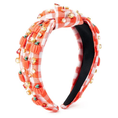 PANTIDE Thanksgiving Fall Jeweled Knotted Headband - Pumpkin Rhinestone Crystal Embellished Wide Top Knot Hair