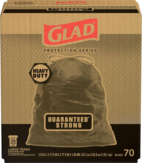 Glad Trash Bags, Guaranteed Strong Large Drawstring Garbage Bags, 30 Gallon, 70 Count