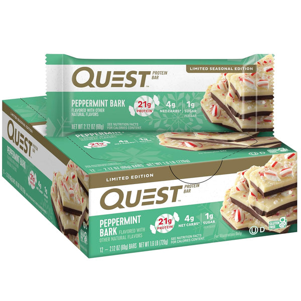 Quest Nutrition Peppermint Bark Protein Bar - 21g Protein, 4g Net Carb, 1g Sugar, Gluten Free, 12 Count