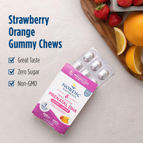 Nordic Naturals DHA Prenatal Vitamin Gummies, Zero Sugar, Strawberry Orange Flavor - 27 Gummies, 600 mg Omega-3, 400 IU
