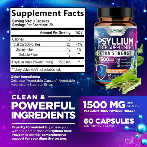 Psyllium Husk Capsules 1500mg | Natural Soluble Fiber Supplement for Digestive Health, 60 Capsules, Non-GMO, Gluten-Free