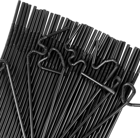 300 Pcs Black Flexible Plastic Straws, BPA-Free Disposable Bendy Straws, 10.2" Long, 0.23'' Diameter