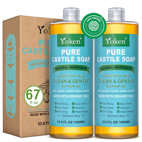 Yoken Pure Castile Soap Liquid, Unscented, 67 fl oz, Organic Oil, Vegan, Natural Multi-purpose Soap