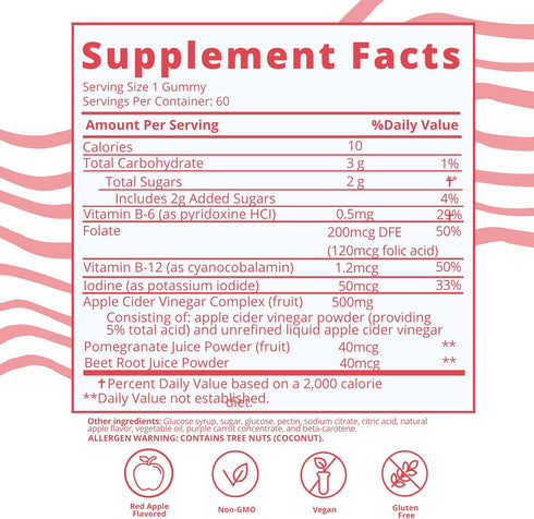 Baby Blues Apple Cider Vinegar Gummies, Vegan Non-GMO Gluten-Free Postpartum Supplement with Vitamin B-6 & B12, 60