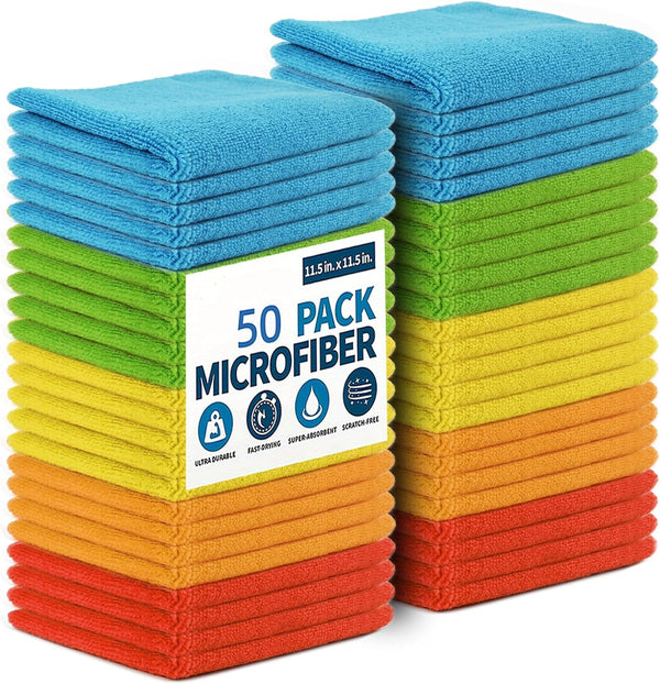 Microfiber Cleaning Cloth, 50 Pack Assorted Colors, Absorbent and Lint Free for Window, Household, Kitchen (11.5"X11.5")