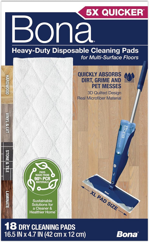 Bona Multi-Surface Floor Cleaning Pads, 18 Refills, Heavy-Duty Disposable Microfiber Pads