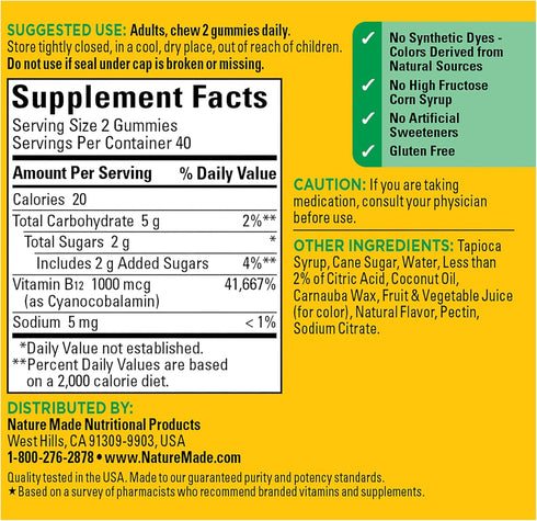 Nature Made Energy B12 1000 mcg, Dietary Supplement for Energy Metabolism Support - 80 Gummies, 40 Day Supply