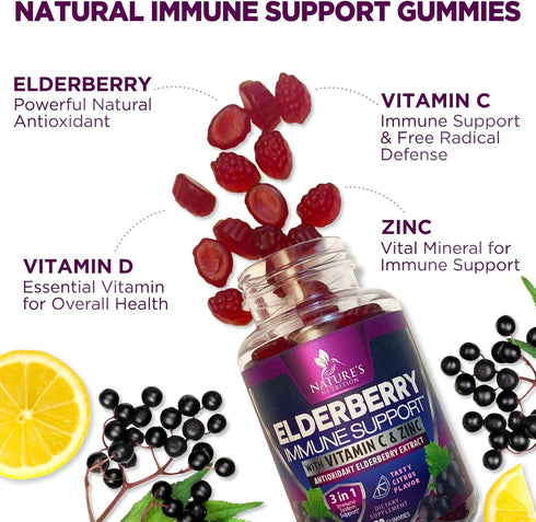Immune Support Gummies with Elderberry Extract, Zinc & Vitamin C, 60 Gummies, Natural Vegan