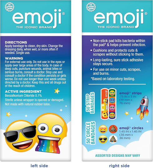 Emoji Kids Assorted Bandages, 100 ct, Fun Designs, Adhesive Bandages for Minor Cuts, Easter Basket Stuffers