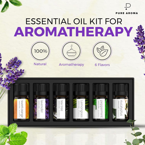 Pure Aroma Essential Oils Set, Top 6 Aromatherapy Oils Gift Set, 10ml (6 Pack)