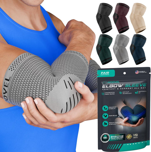 Modvel 2 Pack Elbow Brace - Compression Support Sleeve for Joint Pain Relief, Tendonitis, Tennis & Golfer's Elbow