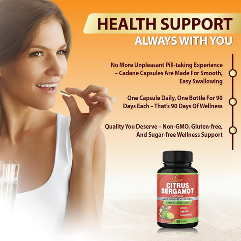 Organic Cadane Citrus Bergamot Supplement Extract Capsules, 90 Capsules & Berberine, Supports Overall Health, 3 Months