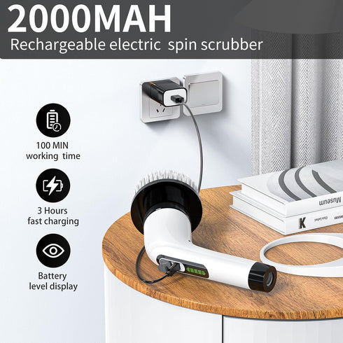 IPX7 8 Cordless Electric Spin Scrubber - Waterproof, LCD Display, Brush Heads, Adjustable Extension Handle, for Shower
